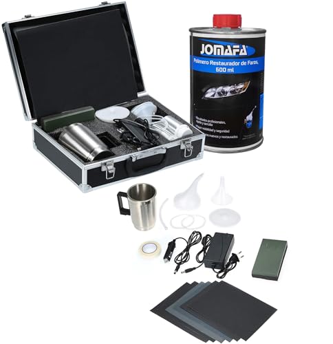 JOMAFA - Kit de reparación de faros delanteros | incluye POLIMERO 600ML | herramienta de pulido para reparación arañazos faros coche | herramientas arreglar faros | amarillear | rayones | grietas