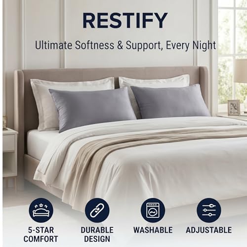 Image of Restify Microfiber Bed Pillow Pack of 2, 24 x 16 Inch Grey | Ultra Soft Sleeping Pillows for Adults | Breathable Velvet Cover | Hotel Quality Pillow for Back, Side & Stomach Sleepers