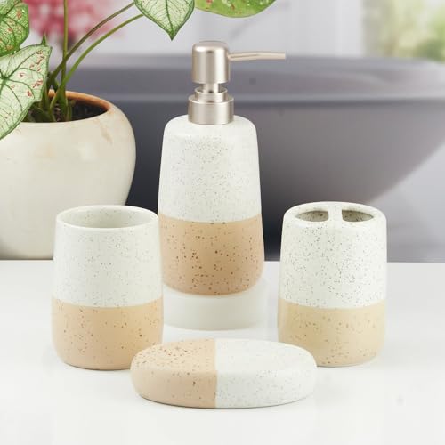 Image of SaSaSa Ceramic Bathroom Accessories Set of 4 Modern Bath Set with Soap Dispenser & Toothbrush Holder, Luxury Home & Gift Idea (11500)