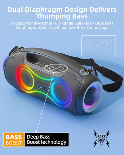 Image of Portable Bluetooth Speaker Wireless, 180W Max Loud Waterproof Speakers, Bass Boost Boom Box for Party and Outdoor, w /2*Subwoofer, 2*Tweeter, DSP, IP65, 24H, TWS, TF, USB, AUX