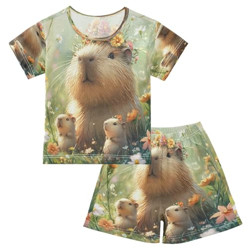 Pajama Sets Short Sleeve Three Cute Capybara Soft Cotton Summer Sleepwear 2 Piece PJS Size 5-14T