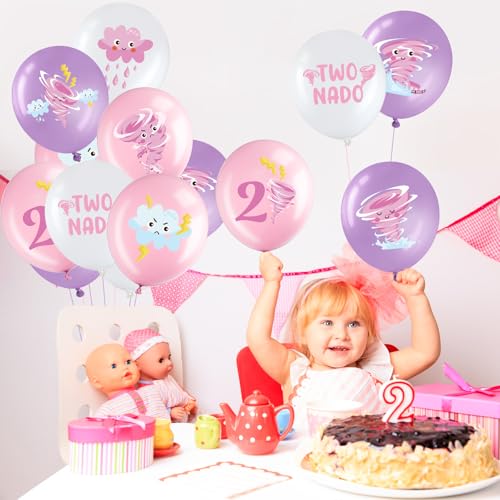 Image of Blosssound 45 Pcs Two Nado Birthday Party Decorations for Girls Two Nado Balloons Tornado Theme Balloon with Pink and Purple Ribbons Tornado 2nd Birthday Party Decor for Girl Kid Baby Shower Supplies