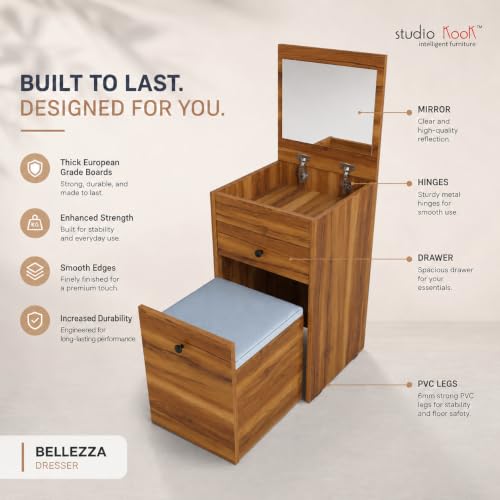 Image of Studio Kook Beleza Dressing Table with Mirror & Seat, Amber Walnut | Engineered wood dresser with lift-up mirror, drawer and pull-out cushioned storage seat; compact closed size 45 x 45 x 80 cm.