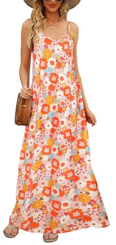 Image of Supnier Women's Summer Maxi Dress Casual V-Neck Sleeveless Bohemian Spaghetti Strap Floral Long Maxi Dress with Pockets