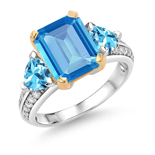 Gem Stone King 925 Sterling Silver and 10k Yellow Gold Swiss Blue Topaz 3 Stone Engagement Ring For Women (5.35 Cttw, Octagon Cut 10X8MM, Available In Size 5, 6, 7, 8, 9)