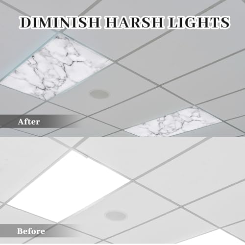 Image of Hortsun Pack of 2 Fluorescent Light Covers 4 x 2 Feet Magnetic Ceiling Light Cover Room Supplies for Home Office(White Marble)