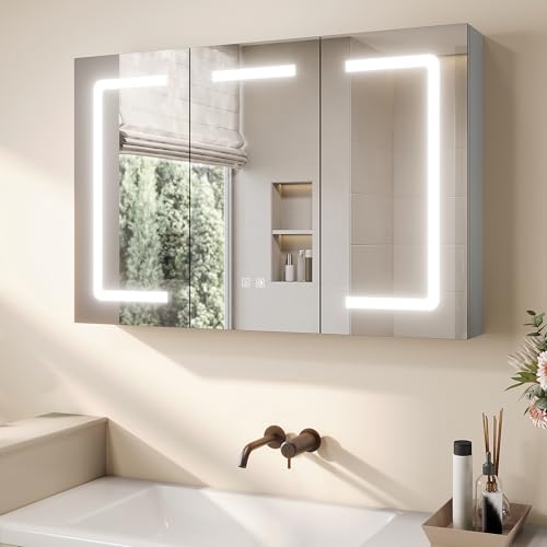 SONNI 3 Türiger Spiegelschrank Bad mit Beleuchtung, 90cm Breit Grau LED Badezimmer Spiegelschrank mit Anti-Beschlag, Steckdose, 3 Lichtfarben, Dimmbar, Vollständig Montiert SONNI 3 Türiger Spiegelschrank Bad mit Beleuchtung, 90cm Breit Grau LED Badezimmer Spiegelschrank mit Anti-Beschlag, Steckdose, 3 Lichtfarben, Dimmbar, Vollständig Montiert