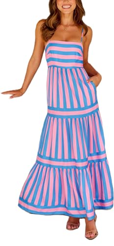 Image of Women Spaghetti Strap Flowy Long Dress Boho Floral Square Neck Maxi Dress Summer A-Line Dresses for Beach Vacation