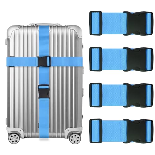 Dantix 4 Pack Luggage Straps for suitcases, 4 Extra Long Suitcase Straps TSA Approved Luggage Belt with Buckle, Adjustable Travel Belt for Luggage for 20'' - 32'' Suitcases (Light Blue)