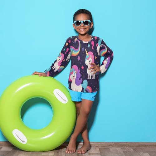Boys Rash Guard Swim Shirt Long Sleeve UPF+ 50 Sun Shirts Quick Dry Shirt Pink Purple Hair Unicorn for Toddler Kids4