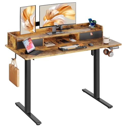 DEVAISE Electric Standing Desk with Storage,120×60 cm Sit Stand Desk Adjustable Height with Three Memory Function, Two Drawers, Gaming Desks for Home Office, Brown