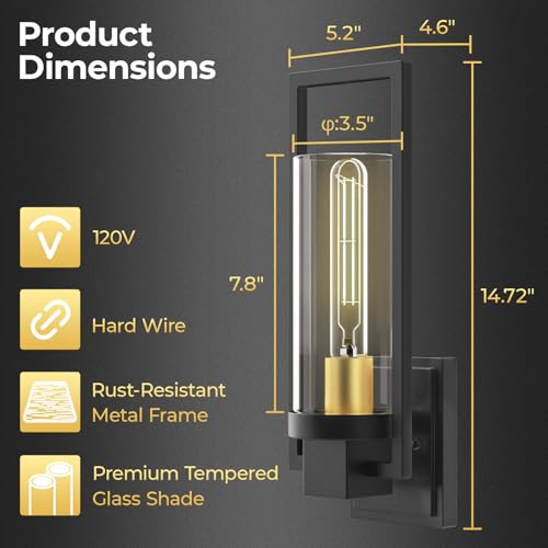 Image of CINOTON Black and Gold Wall Sconces Set of 2, 15 inch Matte Black Wall Mounted Lamp, Hardwired AC 120V Wall Sconces Vintage Vanity Light Fixtures with Clear Glass, Wall Lights for Living Room, Bedroom