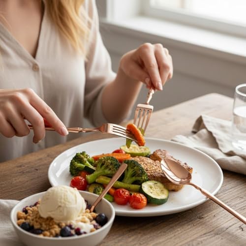 Image of 20 Pcs Rosegold Cutlery Set for Dining Table the Perfect Lightweight Silim Handle Tableware Including Dinner Spoon, Dinner Fork, Dinner Knife, Dessert Spoon & Dessert Fork