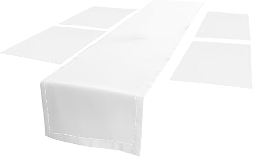 Encasa Homes - Juego de comedor (4 manteles individuales + 1 camino de mesa), blanco, con dobladillo de algodón, paño decorativo para fiestas,