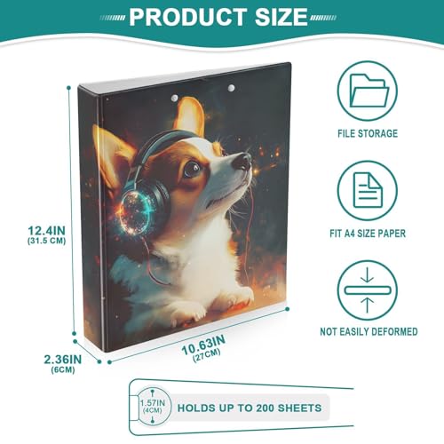 Image of 3 Ring Binder Corgi Wearing Headphones 1.5 inch Binders Three Ring Binders with Clipboard Fit 8.5'' x 11'' Paper 3 Interior PVC Clear Pockets for Office Supplies