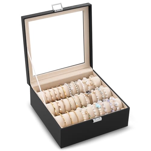 Lolalet Bracelet Display Holder with Rods for Bangles Watches, Clear Lid Jewelry Organizer Box Storage Case for Women Girls -Black, 3 Rolls Black 3 Ro