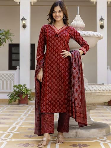 Image of PARTHVI|Women's Pure Cotton Printed with Handwork Kurta with Pants and Dupatta Set | Ethnic Set | Suit Set | Kurta Set | Wedding Suit Set