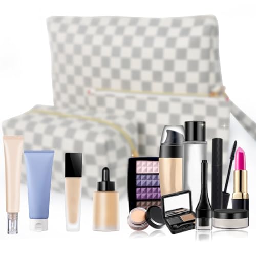 Checkered Makeup Bag Set, 3-Piece Waterproof Cosmetic and Toiletry Travel Organizer with Zipper, Large Capacity Pouch for Skincare, Brushes, and Accessories