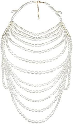 LORYP Pearl Body Chain Necklace for Women - Adjustable Size Pearl Shoulder Chains Fashion Colorfast Pearl Body Chain Jewelry (White-1)