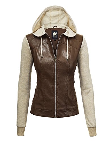 Image of Lock and Love LL WJC1347 Womens Faux Leather Zip Up Moto Biker Jacket with Hoodie L COFFEE_OATMEAL