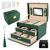 QOUBNIC Joyeros Mujer Organizador, Caja Joyero de Viaje Caja Joyero de 3 Niveles, Caja de Joyas Pequeña con Espejo Caja para Joyas con Asa para Anillos, Pendientes, Collares