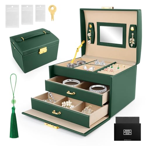QOUBNIC Joyeros Mujer Organizador, Caja Joyero de Viaje Caja Joyero de 3 Niveles, Caja de Joyas Pequeña con Espejo Caja para Joyas con Asa para Anillos, Pendientes, Collares