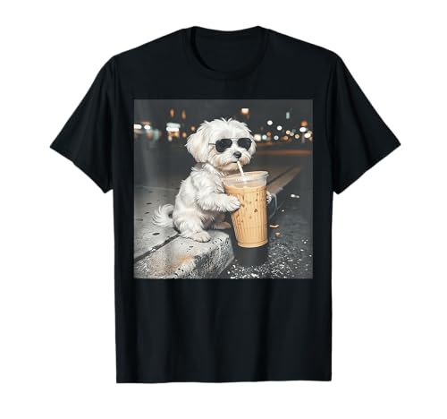 Maltese Drinking Iced Coffee Funny Animal Dog Meme Men Women T-Shirt