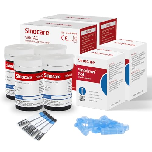 Sinocare Strisce per Glicemia, Strisce Reattive Non Coding, Contiene 100 Strisce e 100 Lancette (Safe AQ Voice & Smart)