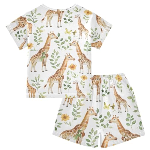 ALAZA Giraffe Leaf Blossom Pajamas Short Sleeve 2 Piece Sleepwear Top and Bottom Pajama Set Unisex2