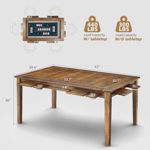 Coperat Solid Wood Board Game Table for 4-6 Players,Dining/Gaming Table w/ 54"x31" Big Gaming Space and Removable Top,Includes Game Mat, 6*Cup Holders & Hobby Tray, Light Walnut