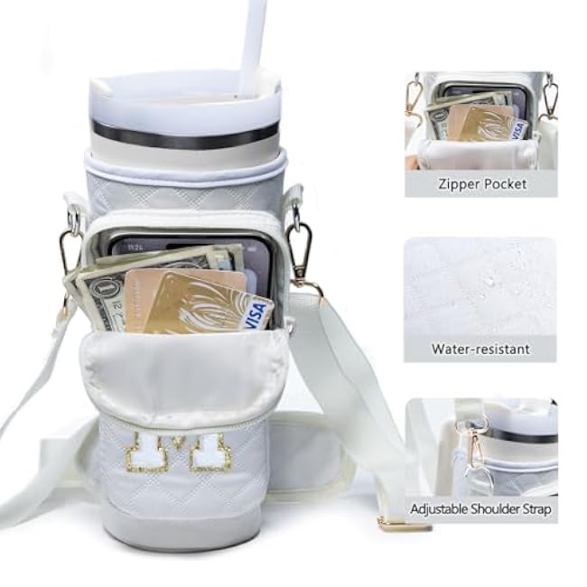 Initial Water Bottle Carrier Bag with Phone Pocket Compatible with Stanley 40/30 oz Tumbler Holder with Strap, Cup Carrier Bag & Case - Personalized Teen Girl Gifts