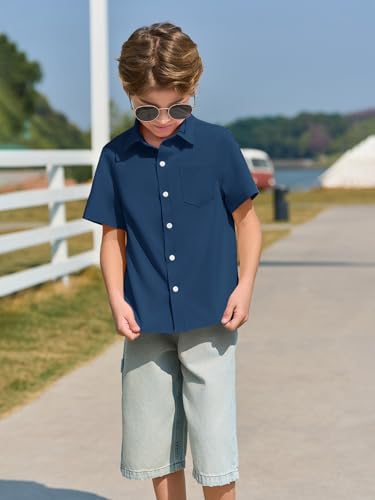 Haloumoning Boys Dress Shirts Button Down Short Sleeve Shirt Kids Summer Casual Shirts with Pockets 5-14 Years2