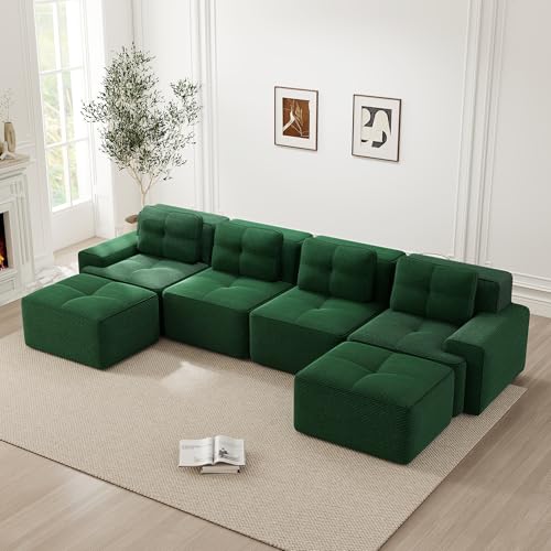 MSMOK Boneless Sofás para Sala de Estar Verde Modular con Chaise Longue en Forma de U, 4 Plazas Cómodo Acolchado Asiento Bajo Sofá Corduroy Cloud, Sofá Sin Montaje, Diseño Antideslizante