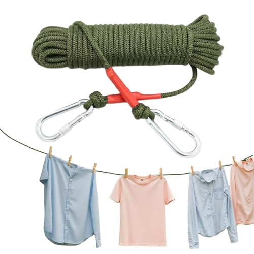 Image of HASTHIP 10m Clothes Drying Rope - Heavy Duty Polyester Cloth Rope for Drying Clothes with Hook 10mm Steel Core Clotheslines Wire Cloth Dry Ropes Wire, Army Green