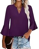 Gaharu Women's Blouses Tops for Work - Ladies Office Wear Henley Shirts 3/4 Ruffle Sleeve V Neck Professional Formal Shirts Lightweight Chiffon Tunic Blouses Deep Purple,XXL