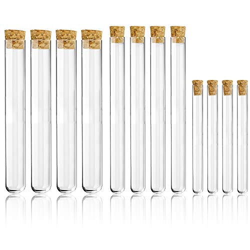 Wandefol Lot de 12 Tubes à Essai en Verre, 15cm 20cm Éprouvette Borosilicate Transparent avec Bouchon Liège Kit Laboratoire Cover