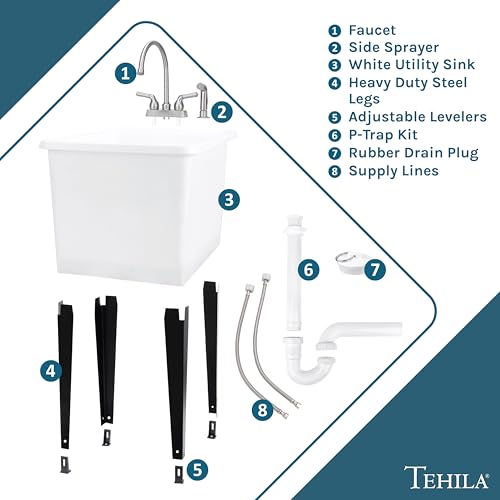 Image of White Space Saver Utility Sink by JS Jackson Supplies, Freestanding Tehila Space Saving Laundry Tub, Stainless Steel Gooseneck Faucet with Side Sprayer