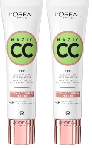 L'Oréal Paris Anti-Rötungen Creme, Für bis zu 24h Feuchtigkeit und einen optimierten Hautton, Magic CC Teint Optimierer Anti Rötungen, 1 x 30 ml (Packung mit 2)