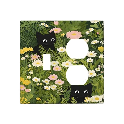 Decorative Outlet Covers Funny Cute Black Cat Colorful Flower Green Plant 2 Gang Wall Plate Cover Single Toggle Duplex Combo Two Switch Light Switch Cover Plate Dual GFCI Faceplate