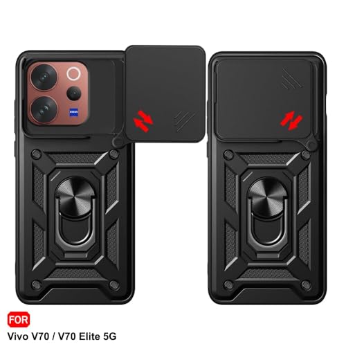 Image of AIBEX Back Cover Compatible for Vivo V70 5G / Vivo V70 Elite 5G | D10 Tough Armor Case | Sliding Camera Shield | 360 Protection | Kickstand Ring Holder | Military-Grade Bumper Case - Black