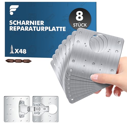 Shinfly Edelstahl Scharnier Reparaturplatte 9x9 cm, Scharnier Reparaturplatte mit 8 Stück und 48 Schrauben, Zur Reparatur Scharniere für Schranktüren, Kleiderschrank und Möbel