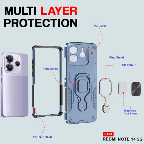 Image of AESTMO Armor Back Cover for Redmi Note 14 5G | Ring Holder & Kickstand & Camera Protection in-Built | 360 Degree Protection Back Case Cover (Blue)