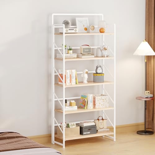 Image of JSB Folding Bookshelf,Industrial Storage Shelves, No Assembly Vintage Wood Look Bookshelf with Storage Shelves for Living Room, Bedroom, Office (White, Wide 5-Tier)