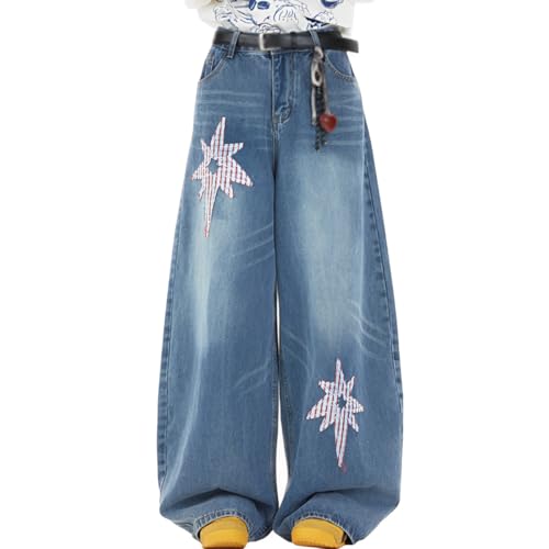 Vintage Casual High Waisted Baggy Star Jeans Y2K Cute Graphic Patchwork Design Straight Leg Denim Pants