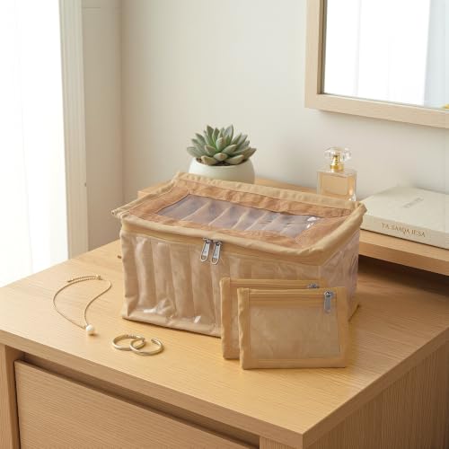 Image of Kuber Industries PVC Jewellery Organizer 10 Detachable Transparent Pouch with Zip | Laminated & Cushioned All 10 Packets Storing Accessorie | Golden