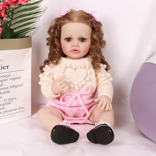 YIHANGG Reborn Kleinkind Puppe Realistisch Mädchen 55cm Ganzkörper Silikon Reborn Baby Puppe Tragen Sie Beige Strickwaren 22Zoll Prinzessin Weihnachten Geburtstag Geschenke – Bild 7