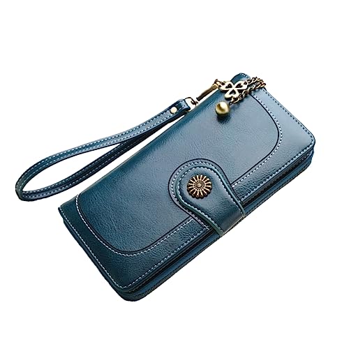 Long Women's Waxed Leather Purse Zipper and Wallet Multi-function Shoulder Bag for