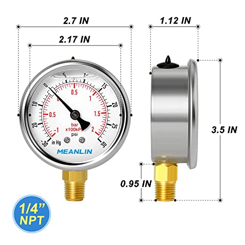 Meanlin Measure -30~30Psi Stainless Steel 1/4" Npt 2.5" Face Dial,Vacuum Pressure Gauge,Lower Mount, With 1/4" X 1/2" Npt And 1/4" X 3/8" Npt Hex Bushing #TOP1
