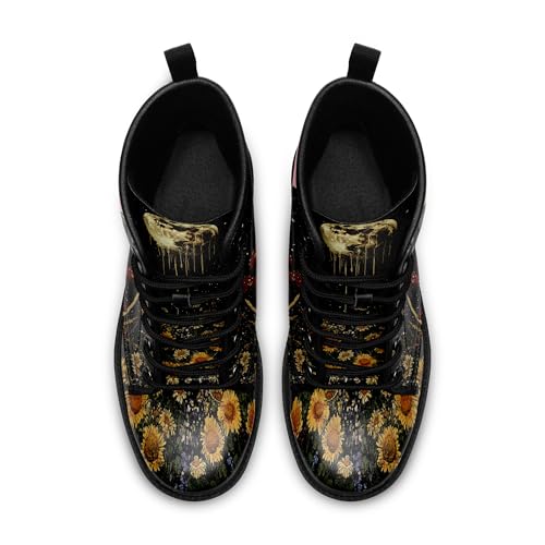 Womens Mushroom Floral Combat Boots - Witchcore Forest Goth Boots Chuncky Heel Vegan Leather Fashion Lace-Up Black Ankle Booties3