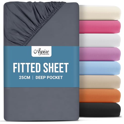 Aspire Homeware King Size Fitted Sheets - 25 cm Deep Hotel Quality (Charcoal) Bed Sheets - Soft & Breathable Fitted Sheets King Size - Anti-Wrinkle Easy Care Fitted Sheet